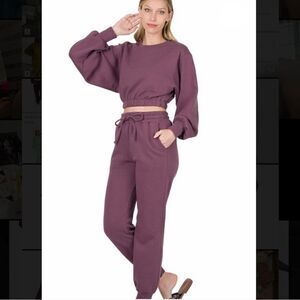 43. Zenana Purple Cropped Sweatshirt And Highwaist Joggers with drawstring NWT